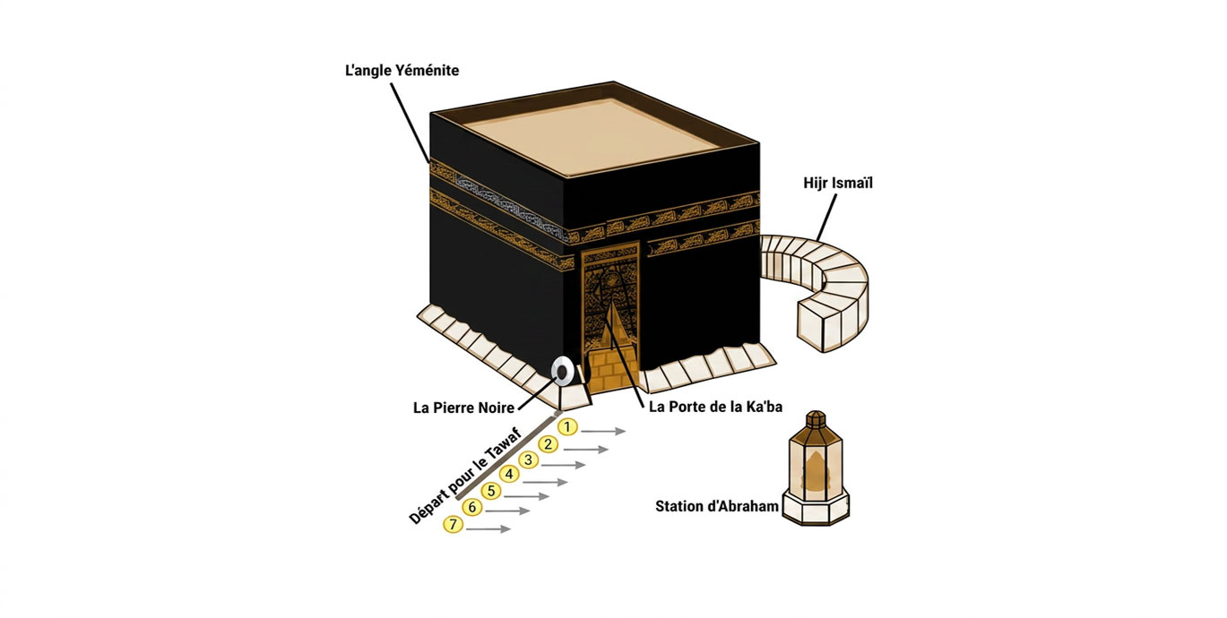 Schéma de la Kaaba, pierre noire, station d'Ibrahim, Hijr Ismail et sens du Tawâf