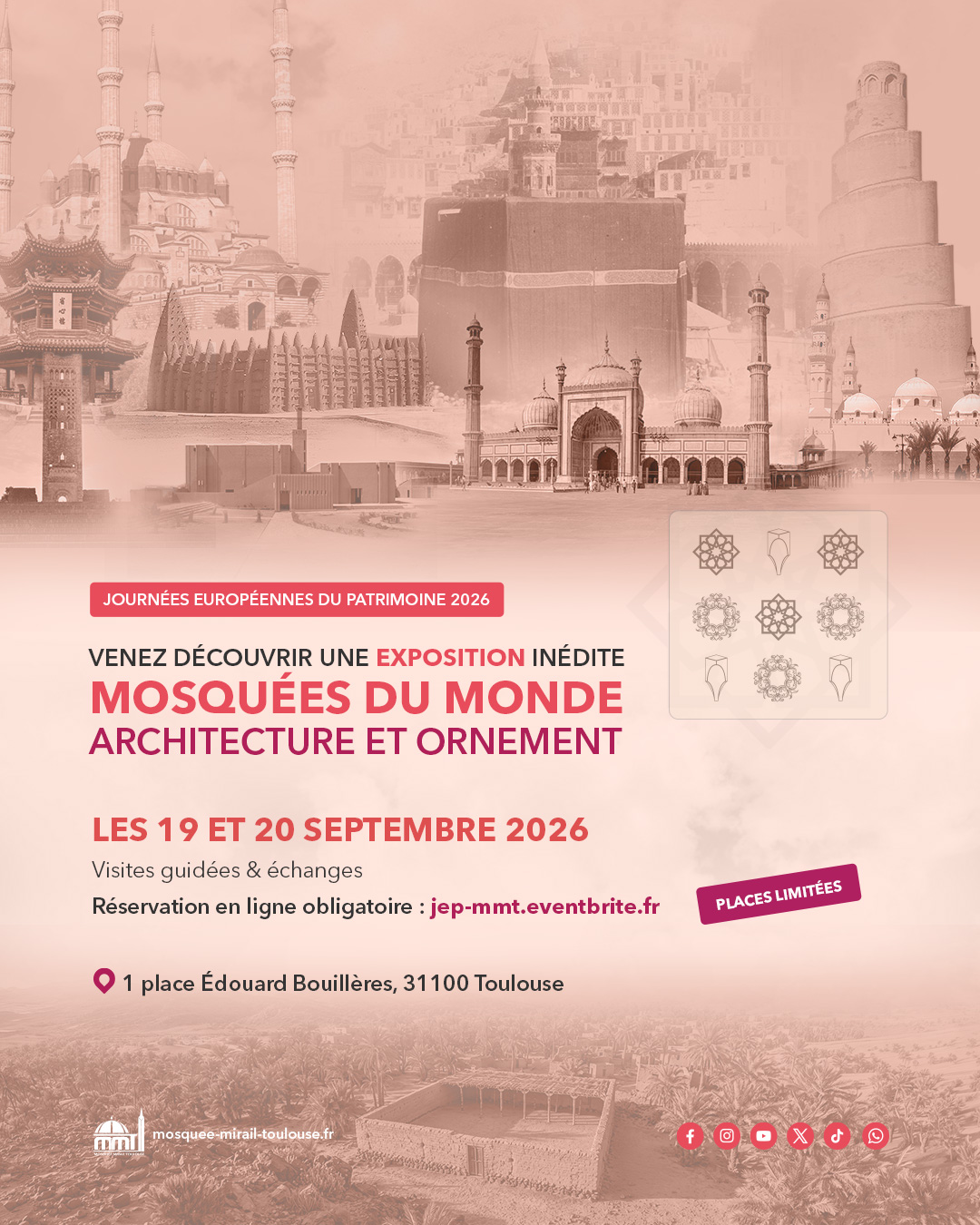 Affiche des Journées européennes du patrimoine 2026 à la Mosquée du Mirail de Toulouse, exposition Mosquées du monde
